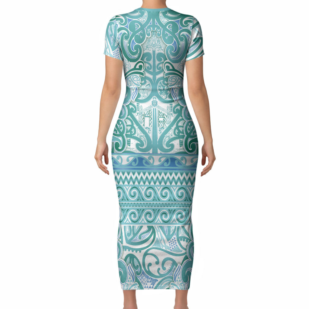Aotearoa Iwi Ngati Paoa Short Sleeve Bodycon Dress Maori Wharenui House Tribal Pattern