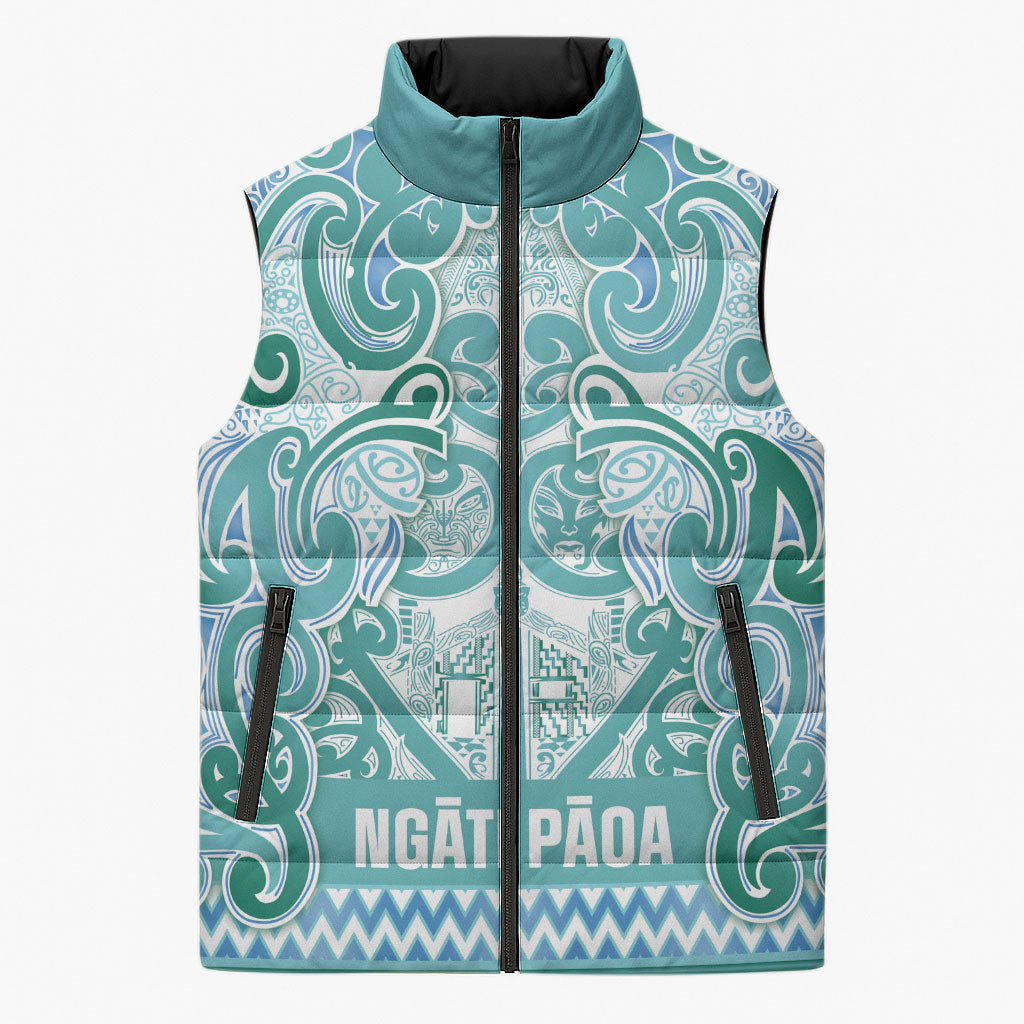 Aotearoa Iwi Ngati Paoa Sleeveless Puffer Jacket Maori Wharenui House Tribal Pattern
