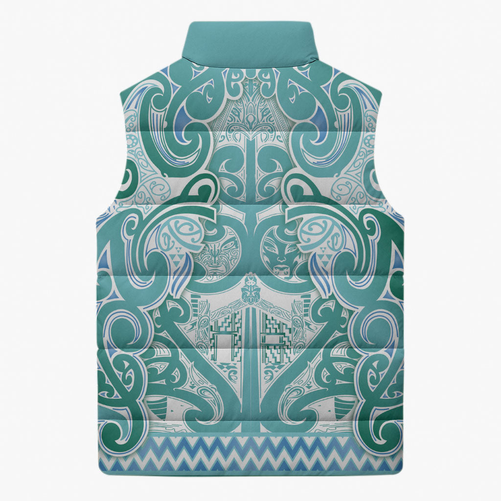 Aotearoa Iwi Ngati Paoa Sleeveless Puffer Jacket Maori Wharenui House Tribal Pattern