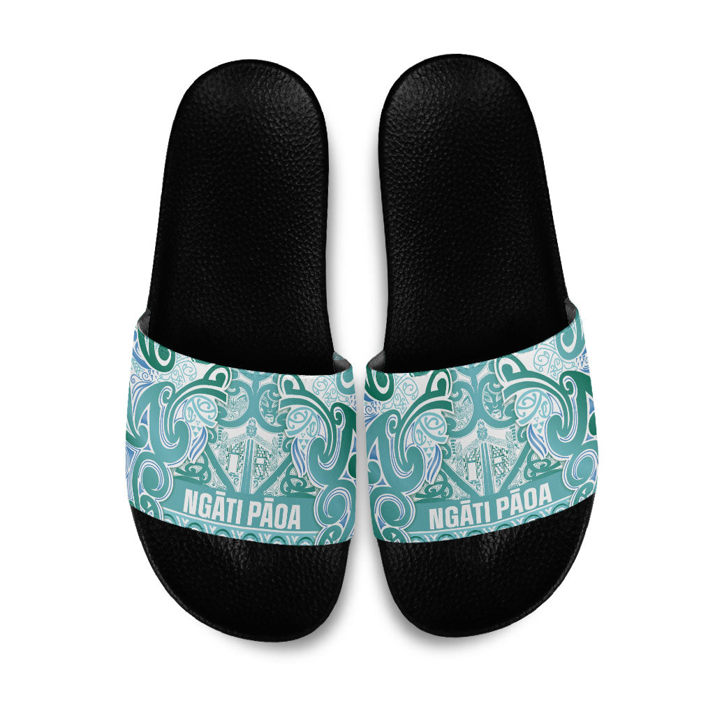 Aotearoa Iwi Ngati Paoa Slide Sandals Maori Wharenui House Tribal Pattern
