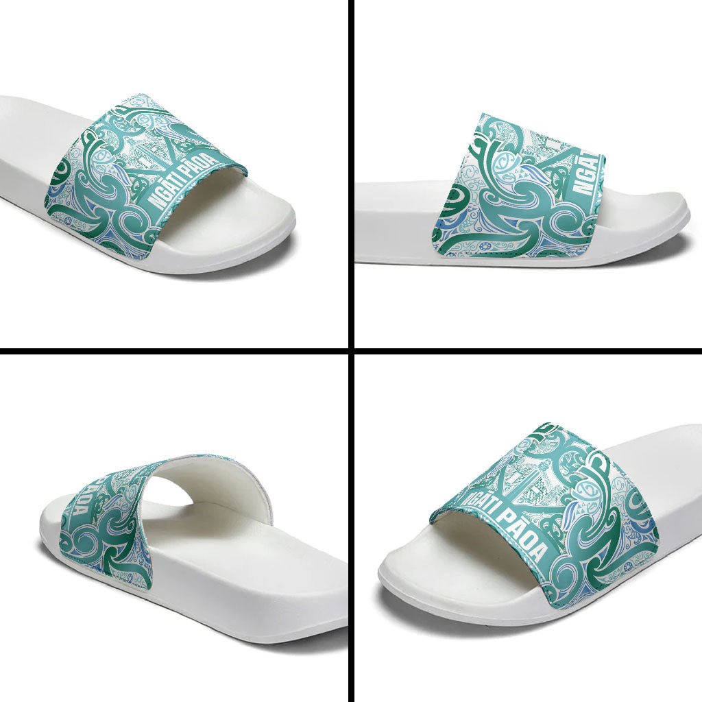 Aotearoa Iwi Ngati Paoa Slide Sandals Maori Wharenui House Tribal Pattern