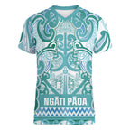 Aotearoa Iwi Ngati Paoa Women V-Neck T-Shirt Maori Wharenui House Tribal Pattern
