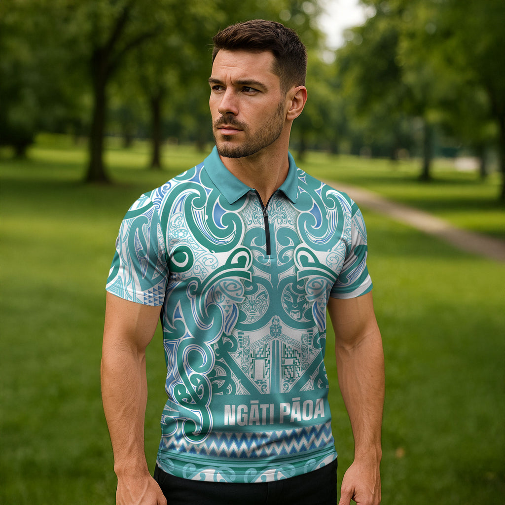 Aotearoa Iwi Ngati Paoa Zipper Polo Shirt Maori Wharenui House Tribal Pattern