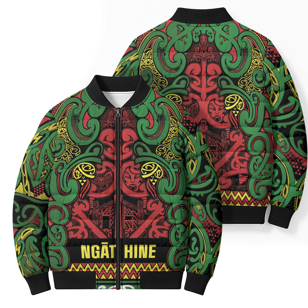Aotearoa Iwi Ngati Hine Bomber Puffer Jacket Maori Wharenui House Tribal Pattern