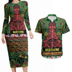 Aotearoa Iwi Ngati Hine Couples Matching Long Sleeve Bodycon Dress and Hawaiian Shirt Maori Wharenui House Tribal Pattern