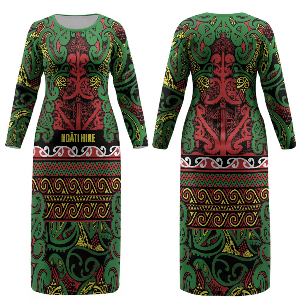 Aotearoa Iwi Ngati Hine Couples Matching Long Sleeve Bodycon Dress and Hawaiian Shirt Maori Wharenui House Tribal Pattern