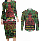 Aotearoa Iwi Ngati Hine Couples Matching Long Sleeve Bodycon Dress and Long Sleeve Button Shirt Maori Wharenui House Tribal Pattern