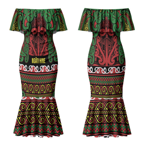 Aotearoa Iwi Ngati Hine Couples Matching Mermaid Dress and Hawaiian Shirt Maori Wharenui House Tribal Pattern