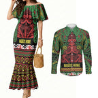Aotearoa Iwi Ngati Hine Couples Matching Mermaid Dress and Long Sleeve Button Shirt Maori Wharenui House Tribal Pattern