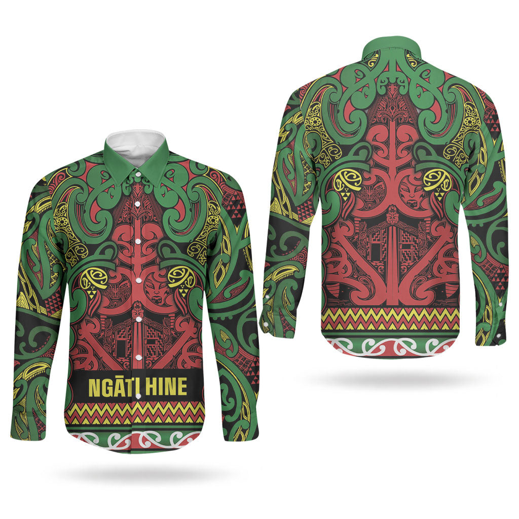 Aotearoa Iwi Ngati Hine Couples Matching Mermaid Dress and Long Sleeve Button Shirt Maori Wharenui House Tribal Pattern