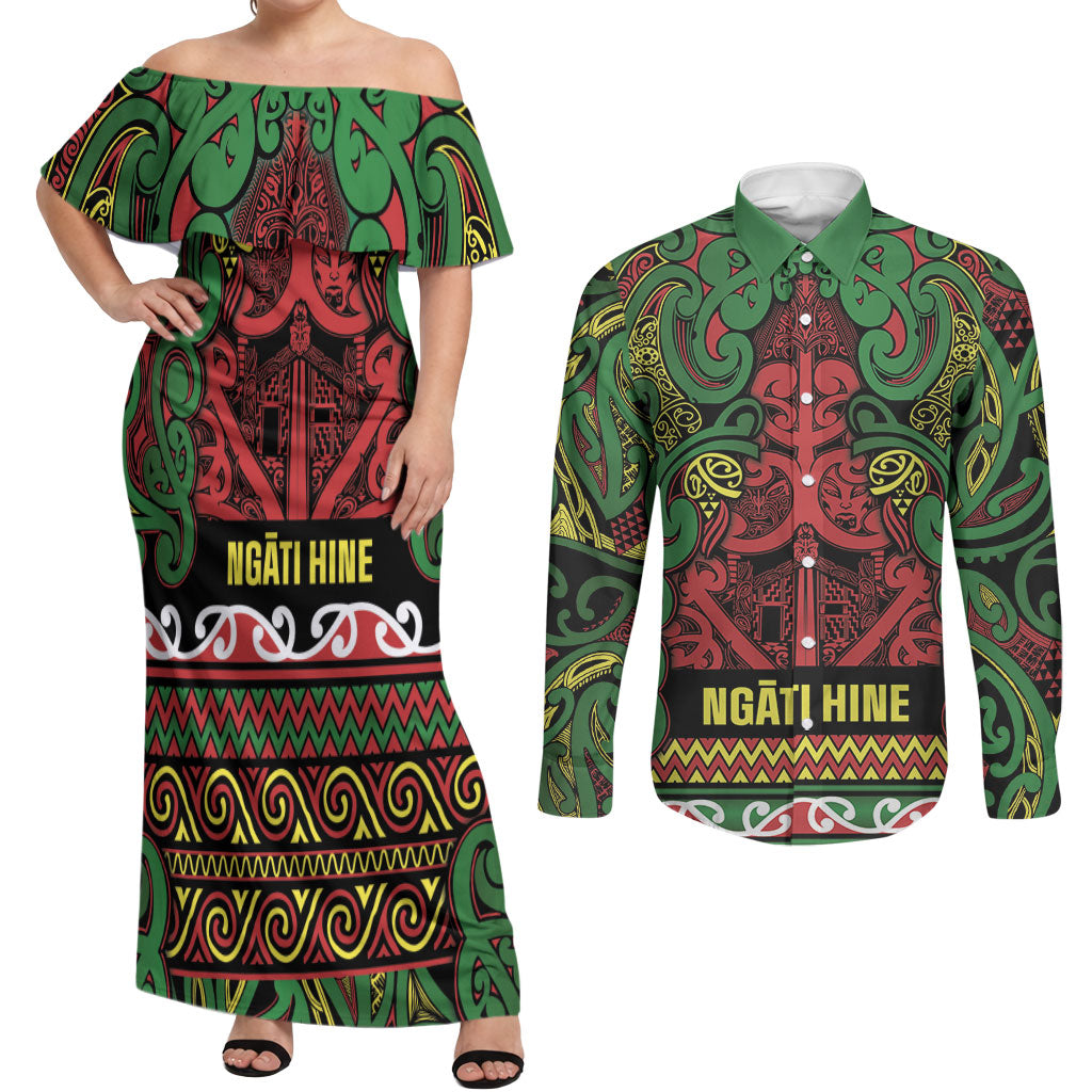 Aotearoa Iwi Ngati Hine Couples Matching Off Shoulder Maxi Dress and Long Sleeve Button Shirt Maori Wharenui House Tribal Pattern