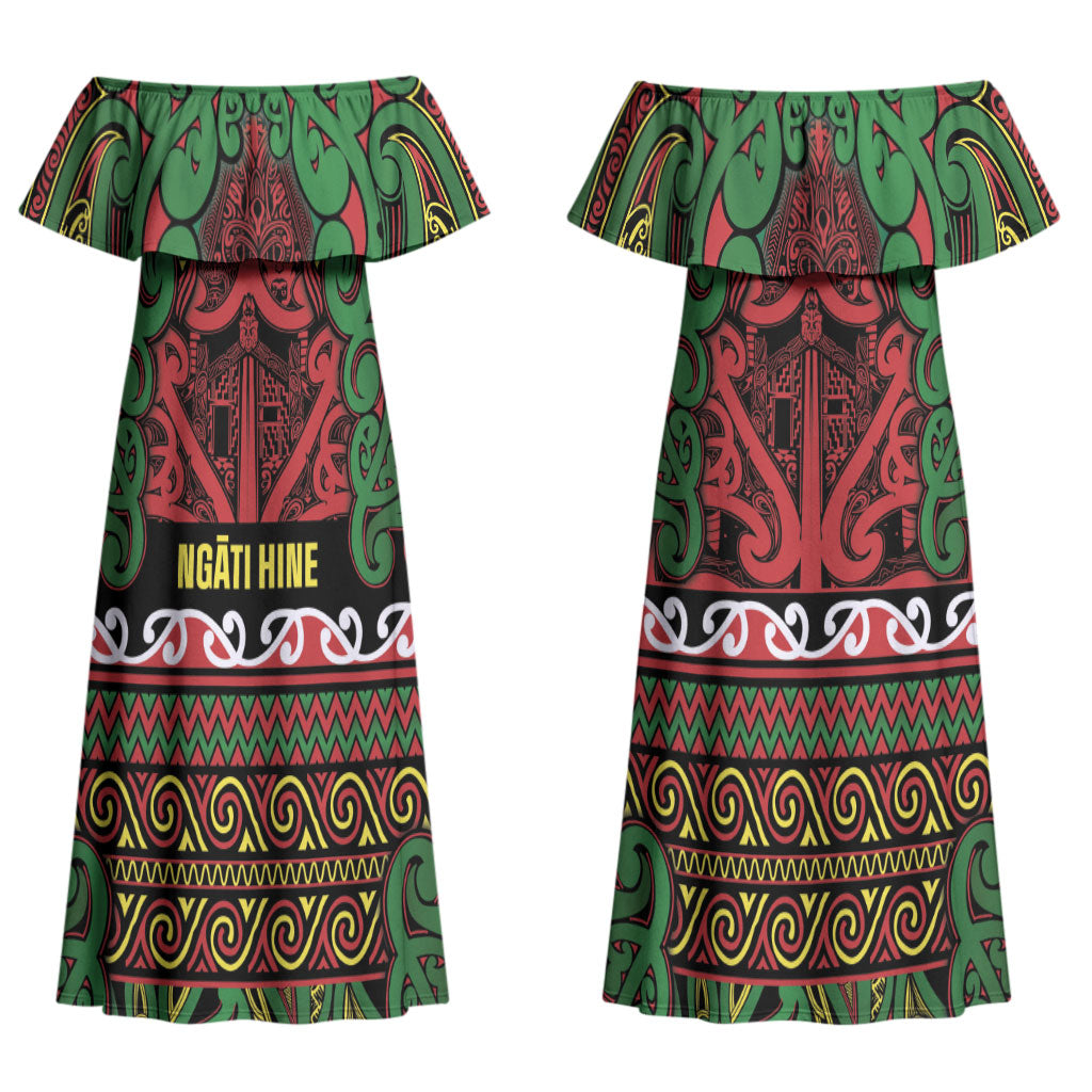 Aotearoa Iwi Ngati Hine Couples Matching Off Shoulder Maxi Dress and Long Sleeve Button Shirt Maori Wharenui House Tribal Pattern