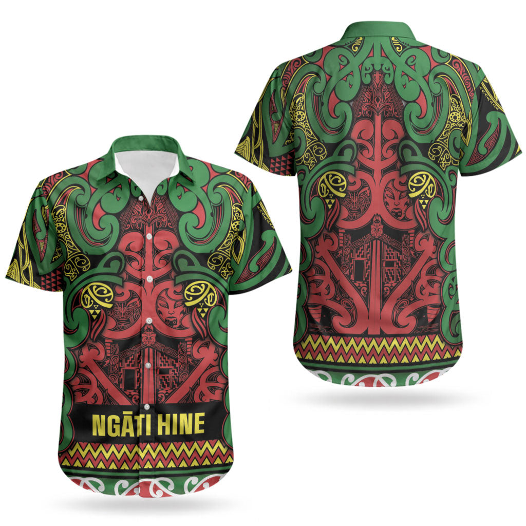 Aotearoa Iwi Ngati Hine Couples Matching Off Shoulder Short Dress and Hawaiian Shirt Maori Wharenui House Tribal Pattern