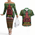Aotearoa Iwi Ngati Hine Couples Matching Off The Shoulder Long Sleeve Dress and Hawaiian Shirt Maori Wharenui House Tribal Pattern