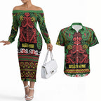 Aotearoa Iwi Ngati Hine Couples Matching Off The Shoulder Long Sleeve Dress and Hawaiian Shirt Maori Wharenui House Tribal Pattern