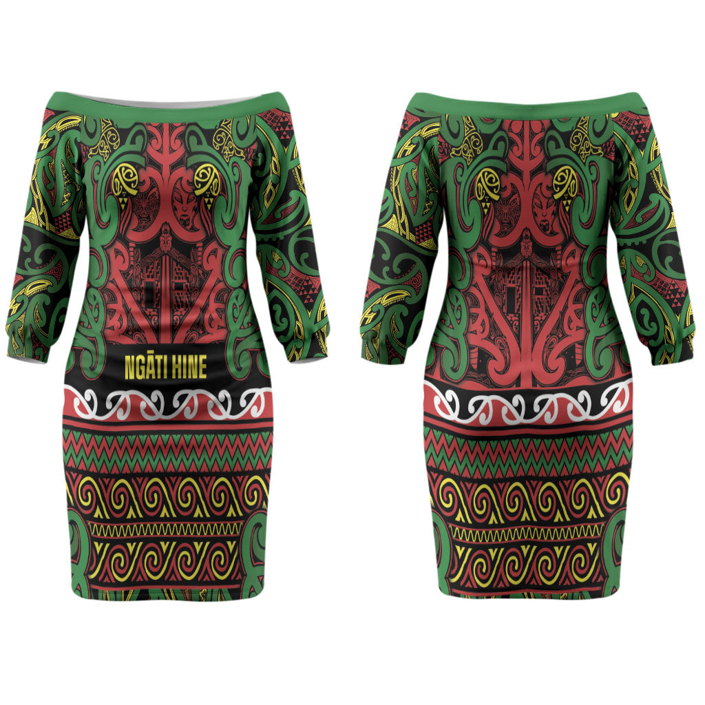 Aotearoa Iwi Ngati Hine Couples Matching Off The Shoulder Long Sleeve Dress and Hawaiian Shirt Maori Wharenui House Tribal Pattern