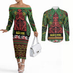 Aotearoa Iwi Ngati Hine Couples Matching Off The Shoulder Long Sleeve Dress and Long Sleeve Button Shirt Maori Wharenui House Tribal Pattern