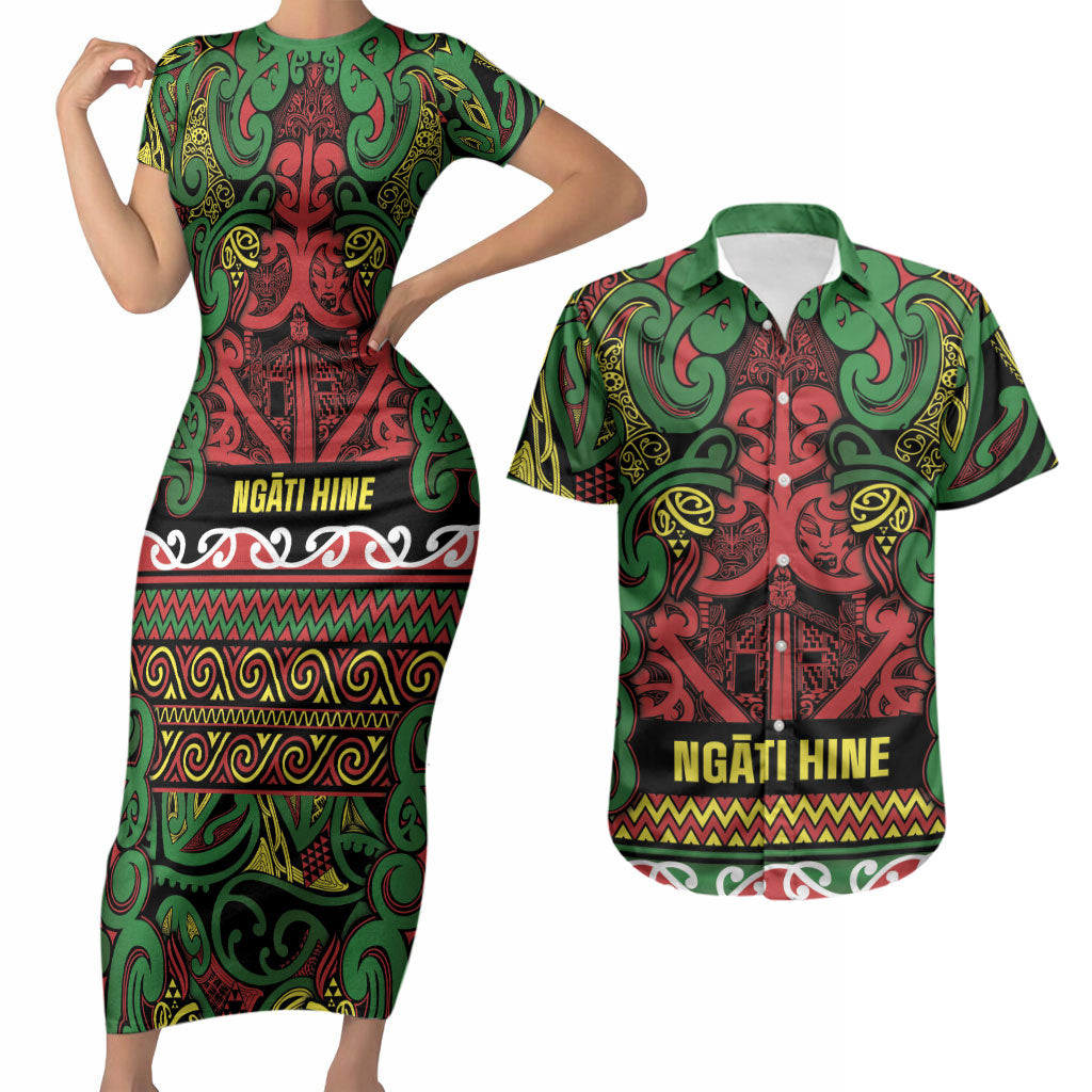 Aotearoa Iwi Ngati Hine Couples Matching Short Sleeve Bodycon Dress and Hawaiian Shirt Maori Wharenui House Tribal Pattern