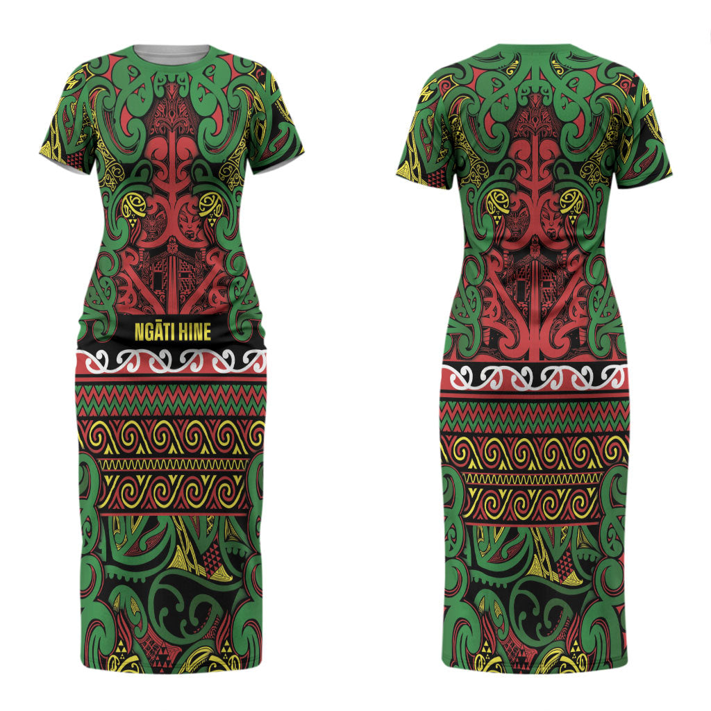 Aotearoa Iwi Ngati Hine Couples Matching Short Sleeve Bodycon Dress and Hawaiian Shirt Maori Wharenui House Tribal Pattern