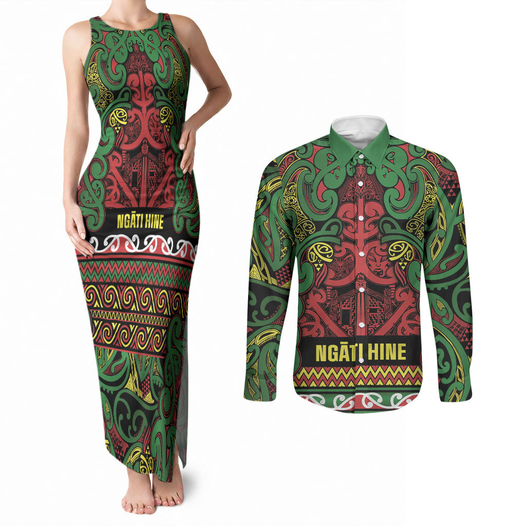 Aotearoa Iwi Ngati Hine Couples Matching Tank Maxi Dress and Long Sleeve Button Shirt Maori Wharenui House Tribal Pattern