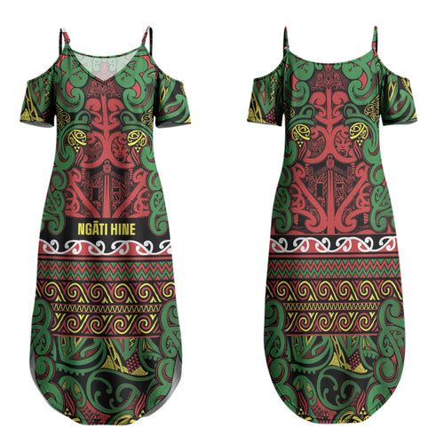 Aotearoa Iwi Ngati Hine Family Matching Summer Maxi Dress and Hawaiian Shirt Maori Wharenui House Tribal Pattern