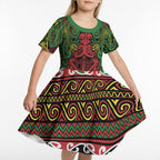 Aotearoa Iwi Ngati Hine Kid Short Sleeve Dress Maori Wharenui House Tribal Pattern
