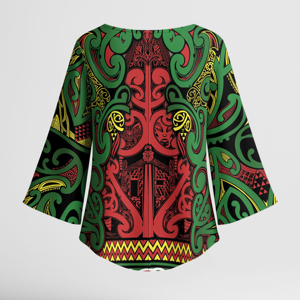 Aotearoa Iwi Ngati Hine Kimono Sleeve Blouse Maori Wharenui House Tribal Pattern
