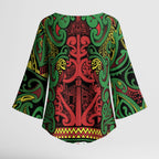 Aotearoa Iwi Ngati Hine Kimono Sleeve Blouse Maori Wharenui House Tribal Pattern