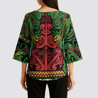 Aotearoa Iwi Ngati Hine Kimono Sleeve Blouse Maori Wharenui House Tribal Pattern