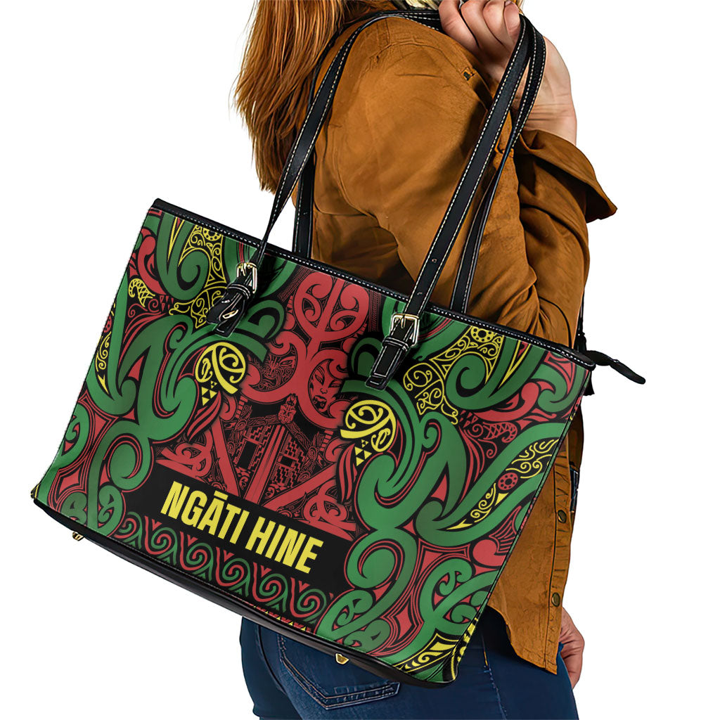 Aotearoa Iwi Ngati Hine Leather Tote Bag Maori Wharenui House Tribal Pattern