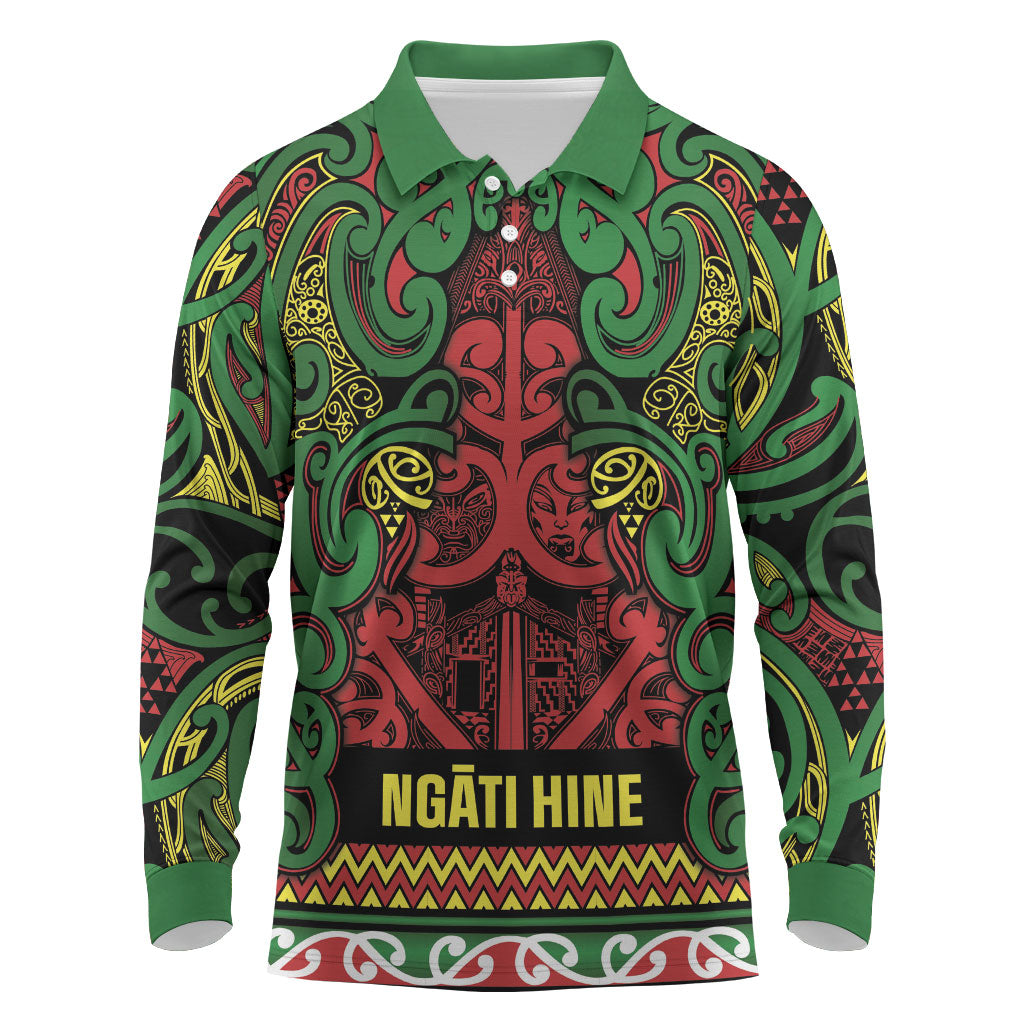 Aotearoa Iwi Ngati Hine Long Sleeve Polo Shirt Maori Wharenui House Tribal Pattern
