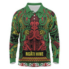 Aotearoa Iwi Ngati Hine Long Sleeve Polo Shirt Maori Wharenui House Tribal Pattern