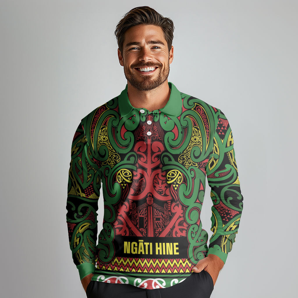 Aotearoa Iwi Ngati Hine Long Sleeve Polo Shirt Maori Wharenui House Tribal Pattern