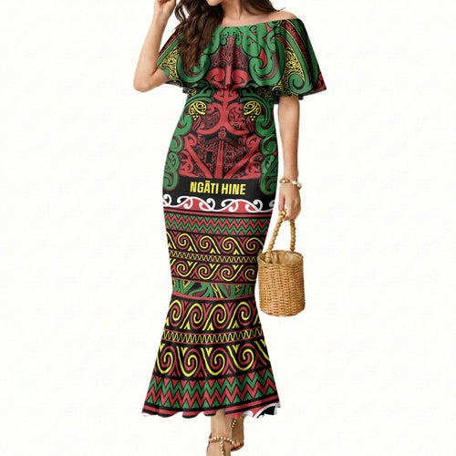 Aotearoa Iwi Ngati Hine Mermaid Dress Maori Wharenui House Tribal Pattern