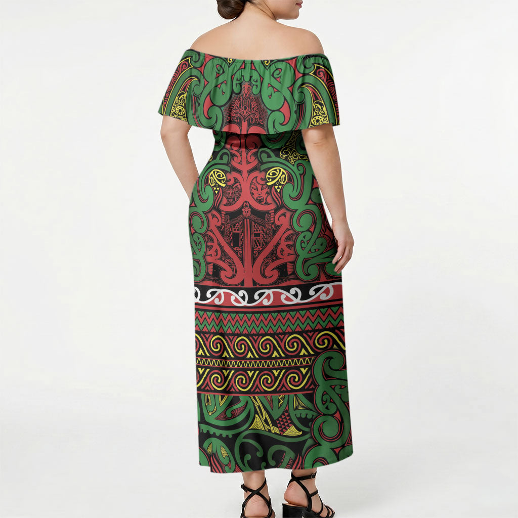 Aotearoa Iwi Ngati Hine Off Shoulder Maxi Dress Maori Wharenui House Tribal Pattern