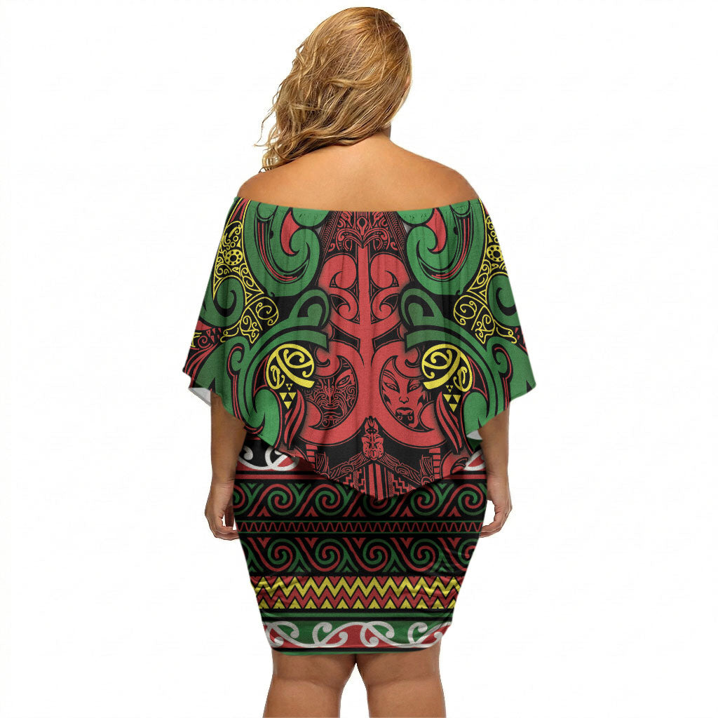 Aotearoa Iwi Ngati Hine Off Shoulder Short Dress Maori Wharenui House Tribal Pattern