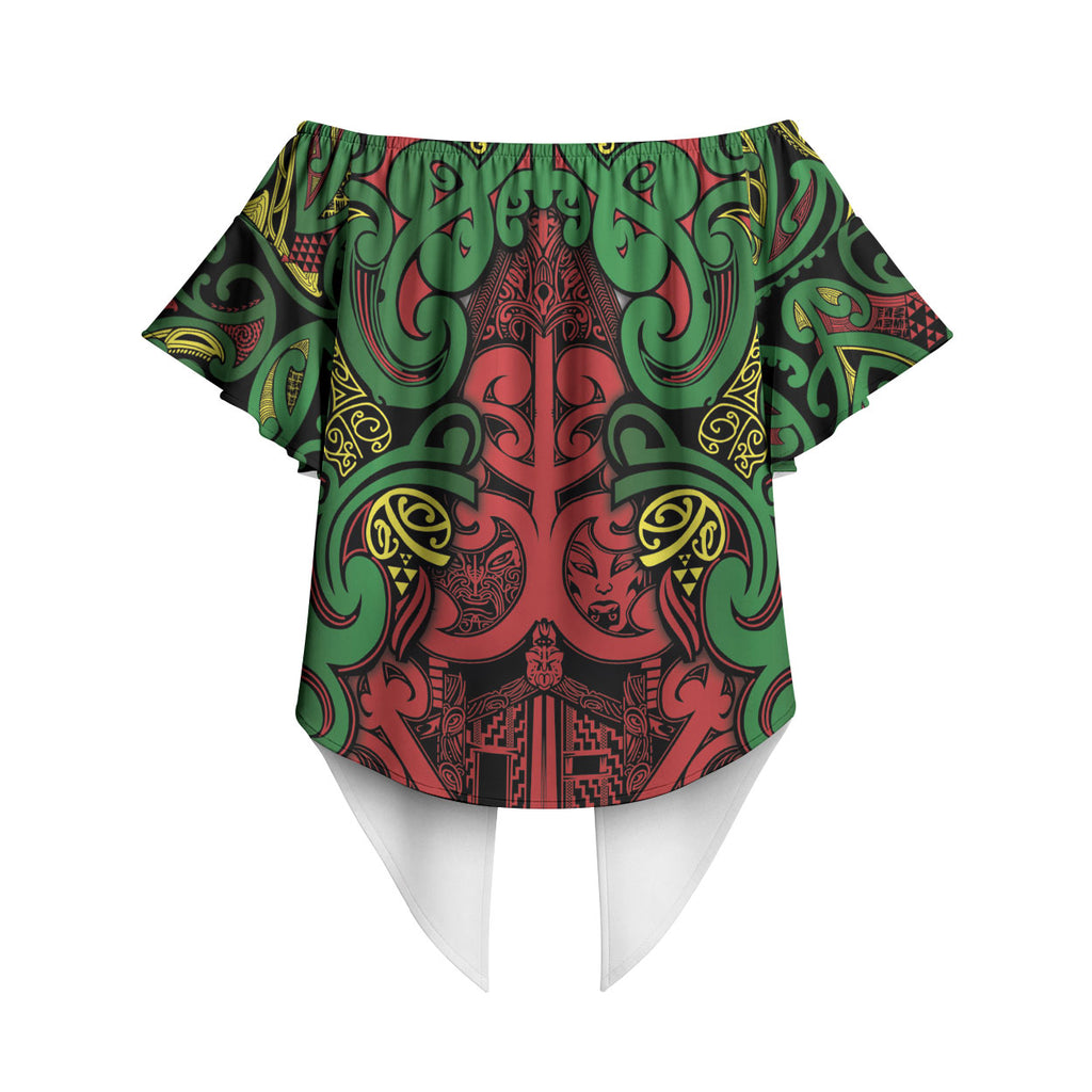 Aotearoa Iwi Ngati Hine Off Shoulder Wrap Waist Top Maori Wharenui House Tribal Pattern