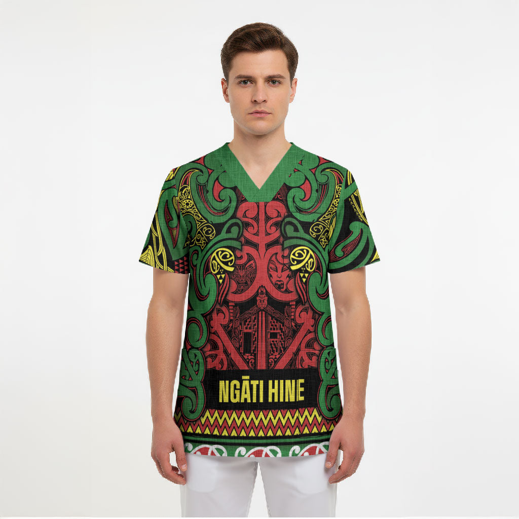Aotearoa Iwi Ngati Hine Scrub Top Maori Wharenui House Tribal Pattern
