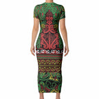 Aotearoa Iwi Ngati Hine Short Sleeve Bodycon Dress Maori Wharenui House Tribal Pattern