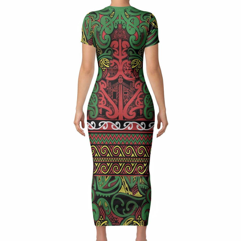 Aotearoa Iwi Ngati Hine Short Sleeve Bodycon Dress Maori Wharenui House Tribal Pattern