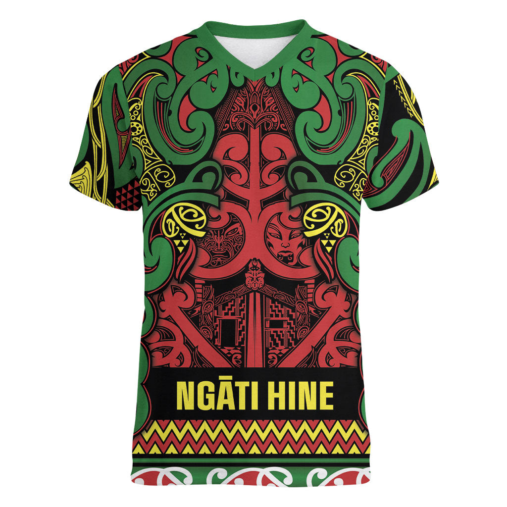 Aotearoa Iwi Ngati Hine Women V-Neck T-Shirt Maori Wharenui House Tribal Pattern