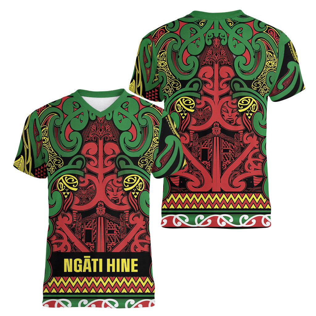 Aotearoa Iwi Ngati Hine Women V-Neck T-Shirt Maori Wharenui House Tribal Pattern