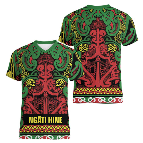 Aotearoa Iwi Ngati Hine Women V-Neck T-Shirt Maori Wharenui House Tribal Pattern