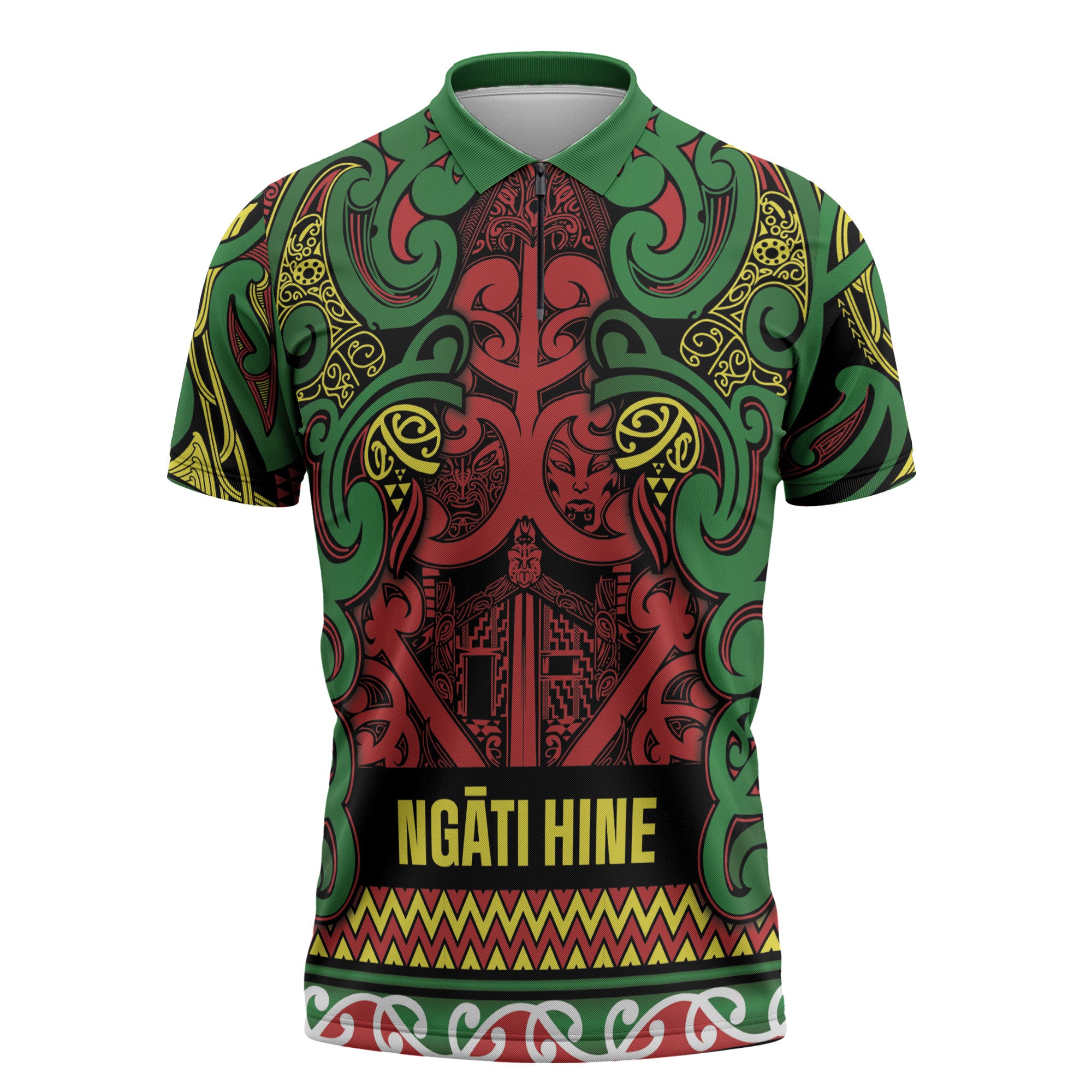 Aotearoa Iwi Ngati Hine Zipper Polo Shirt Maori Wharenui House Tribal Pattern