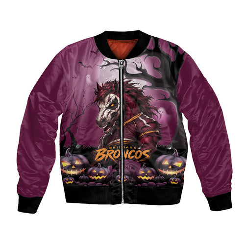 Custom Halloween Brisbane Broncos Bomber Jacket Spooky Australia Mascot Rugby