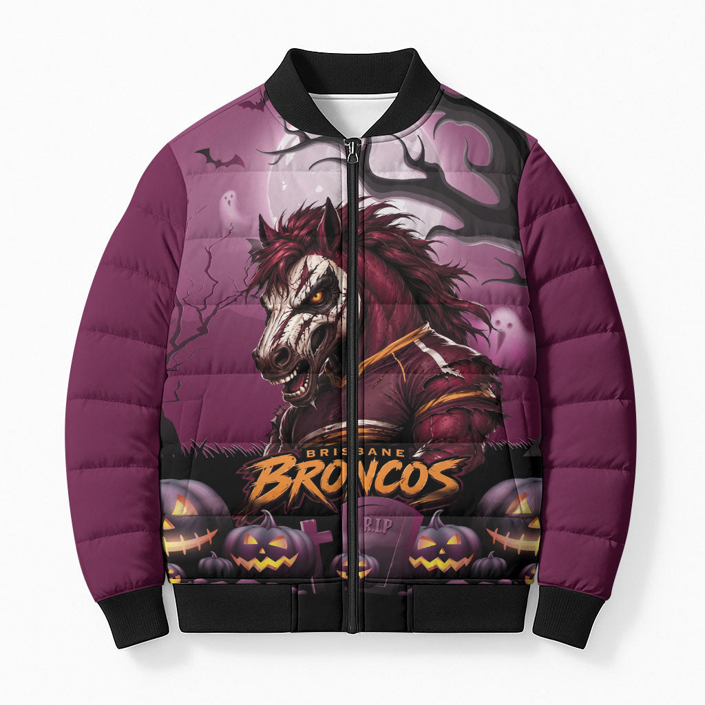 Custom Halloween Brisbane Broncos Bomber Puffer Jacket Spooky Australia Mascot Rugby
