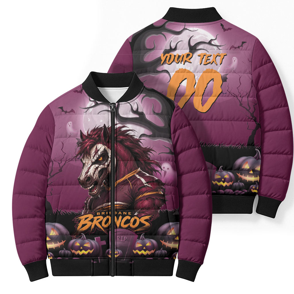 Custom Halloween Brisbane Broncos Bomber Puffer Jacket Spooky Australia Mascot Rugby