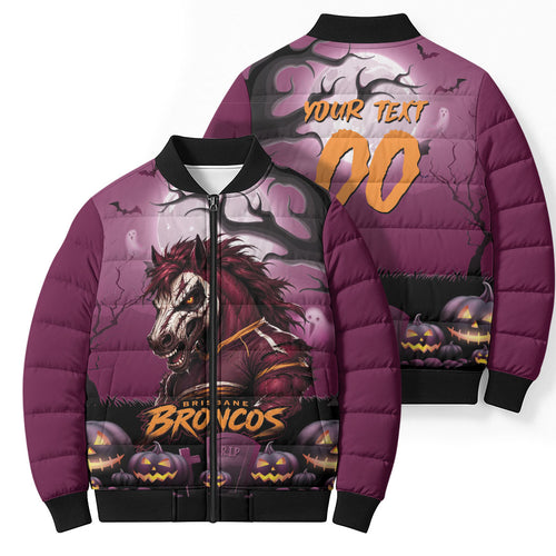 Custom Halloween Brisbane Broncos Bomber Puffer Jacket Spooky Australia Mascot Rugby