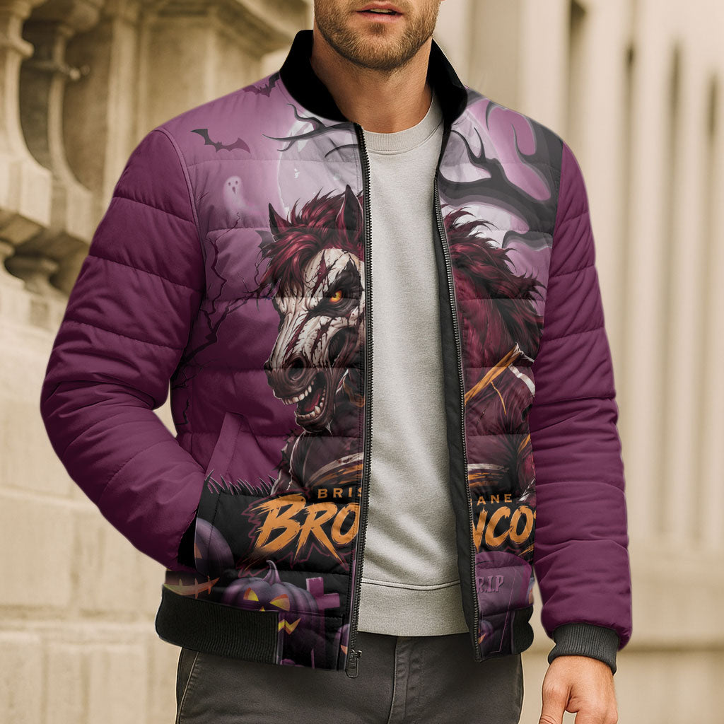 Custom Halloween Brisbane Broncos Bomber Puffer Jacket Spooky Australia Mascot Rugby