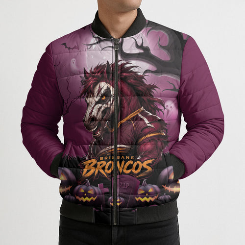 Custom Halloween Brisbane Broncos Bomber Puffer Jacket Spooky Australia Mascot Rugby
